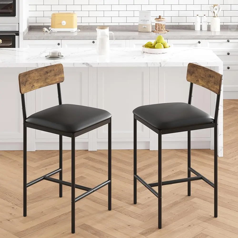 Bar Stools Set Of 2, Upholstered Height Bar Stools With Backrest And Footrest, Kitchen Barstools For Island,Counter Bar, Easy