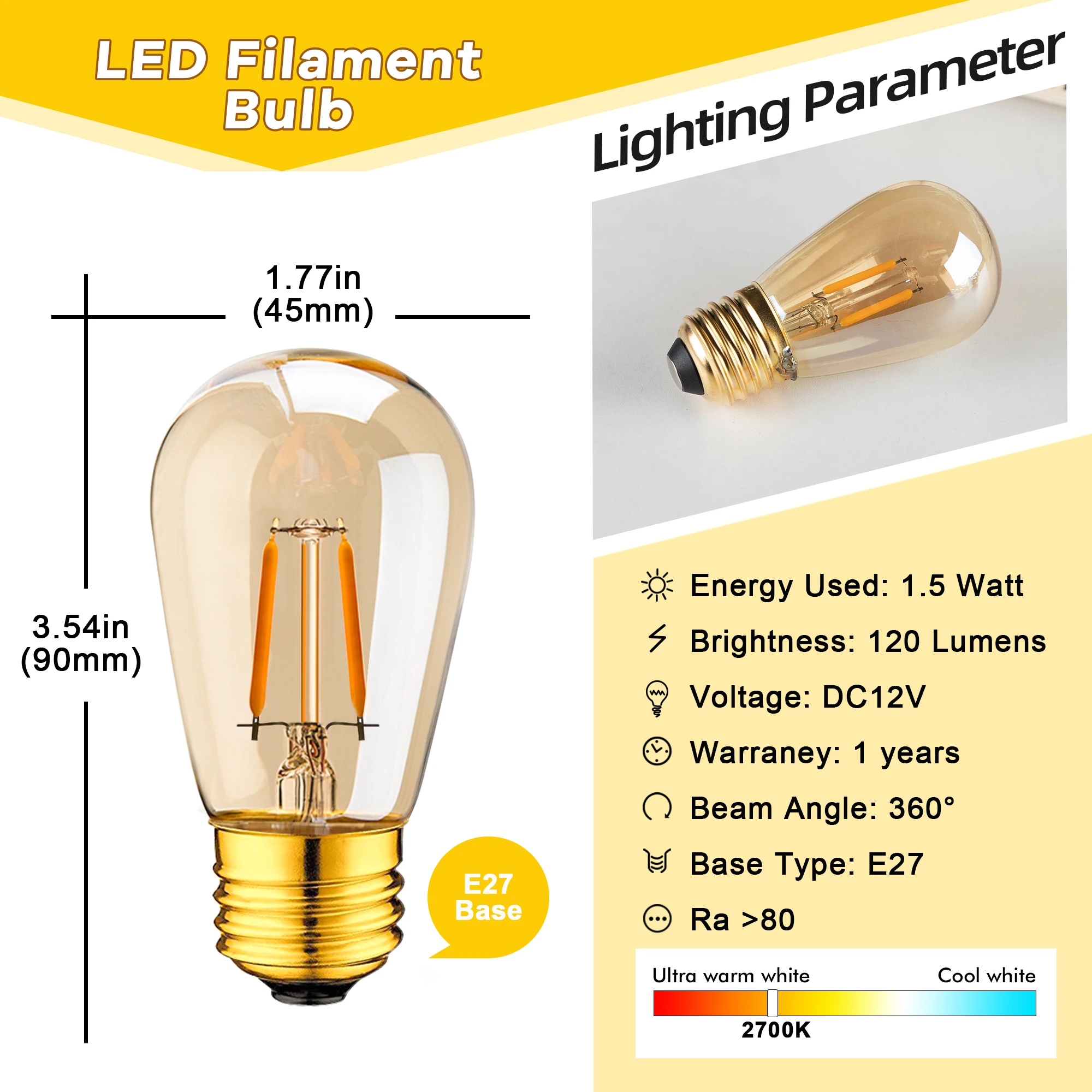 2700K LED Light Bulb DC12V E27 ST45 Amber Low Voltage Bulbs RV Camper Vintage Filament Glass Edison Bulbs Solar Battery Lighting