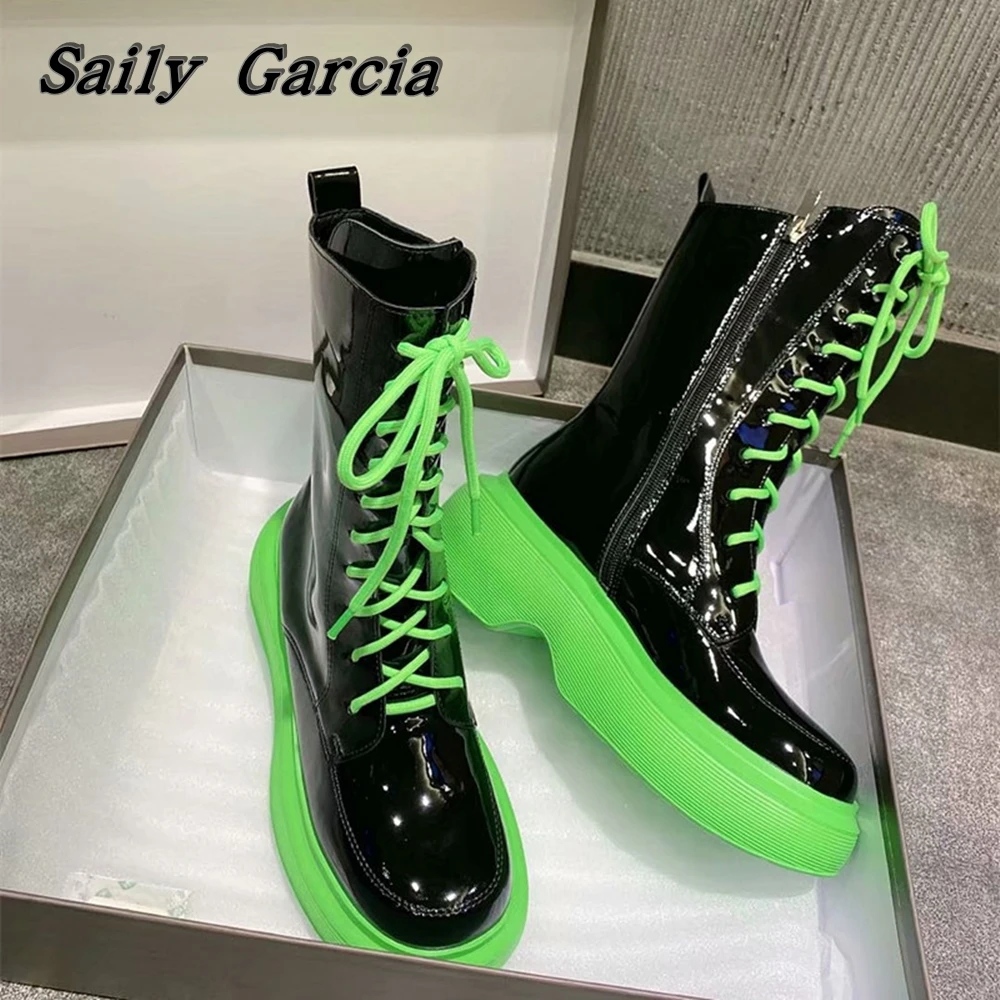 Round Toe Thick Fluorescent Green Sole Motorcycle Boots 2023 Punk Style Lace Up Women Boots Microfiber Leather Mixed Color Shoes