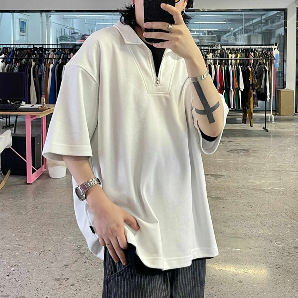 Summer Korean Popular Clothes Half-Zipper Pullover Polo Shirt Men Women Preppy Hip Hop T-Shirt Streetwear Couple Short Sleeve