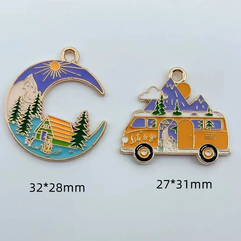 10pcs Mountain Car RV Forest Moon Design Enamel Charms For Jewelry Making Gold Color Metal Earrings Bracelet Pendants