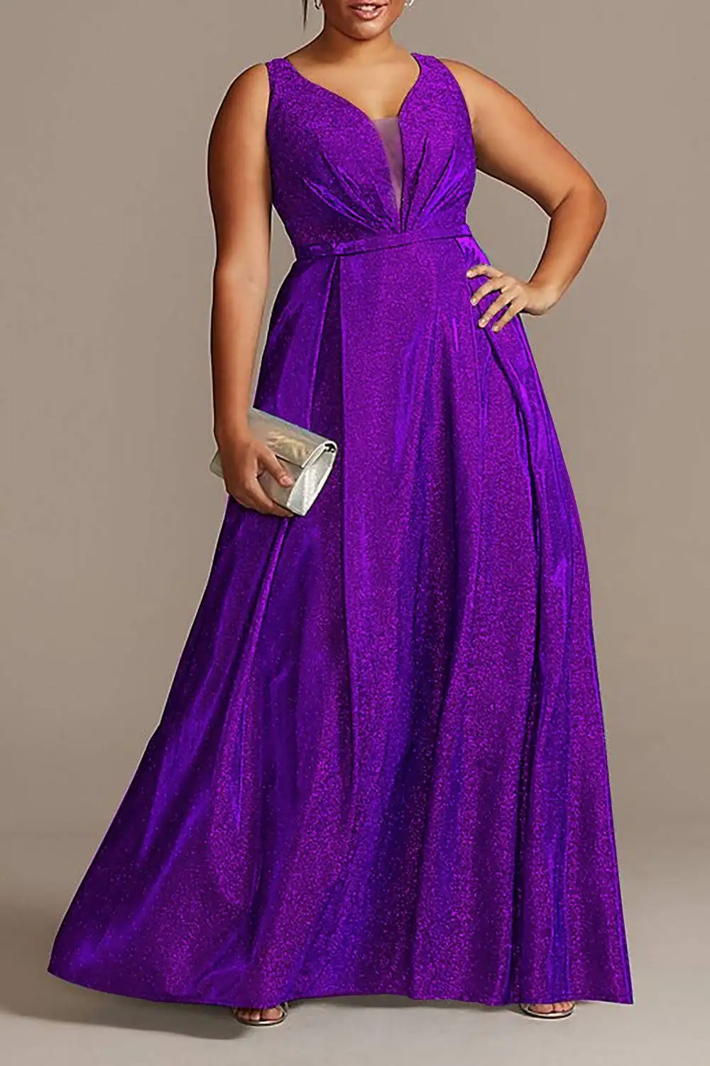 Elegante Dames Plus Size Avondjurk Blauwe Formele Glitter Mouwloze V-Hals Cocktail Bruiloft Gast Mode Maxi Jurken