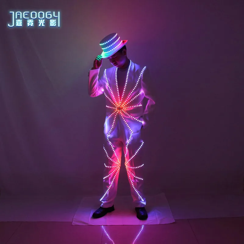 LED Suit Men Stage Costume Luminous Light up Carnival Rave Outfit Tron Dance Wear Circus Nightclub DJ Magician Top Pants Hat