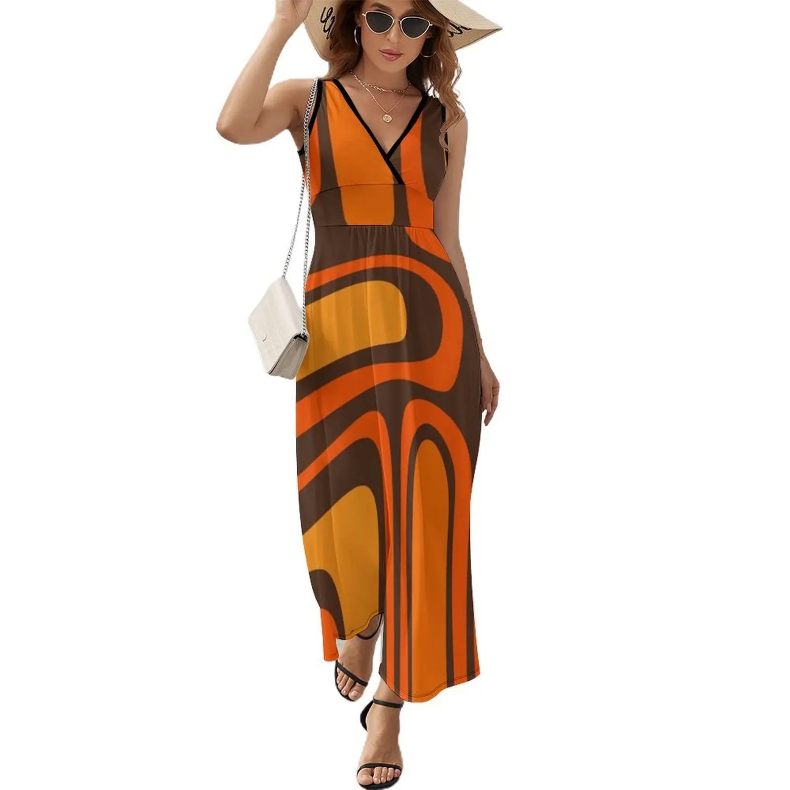 Palm Springs Retro Mitte des Jahrhunderts moderne abstrakte Muster in den 70er Jahren braun und orange ärmellose Kleid Ballkleider Kleid Frauen Sommer