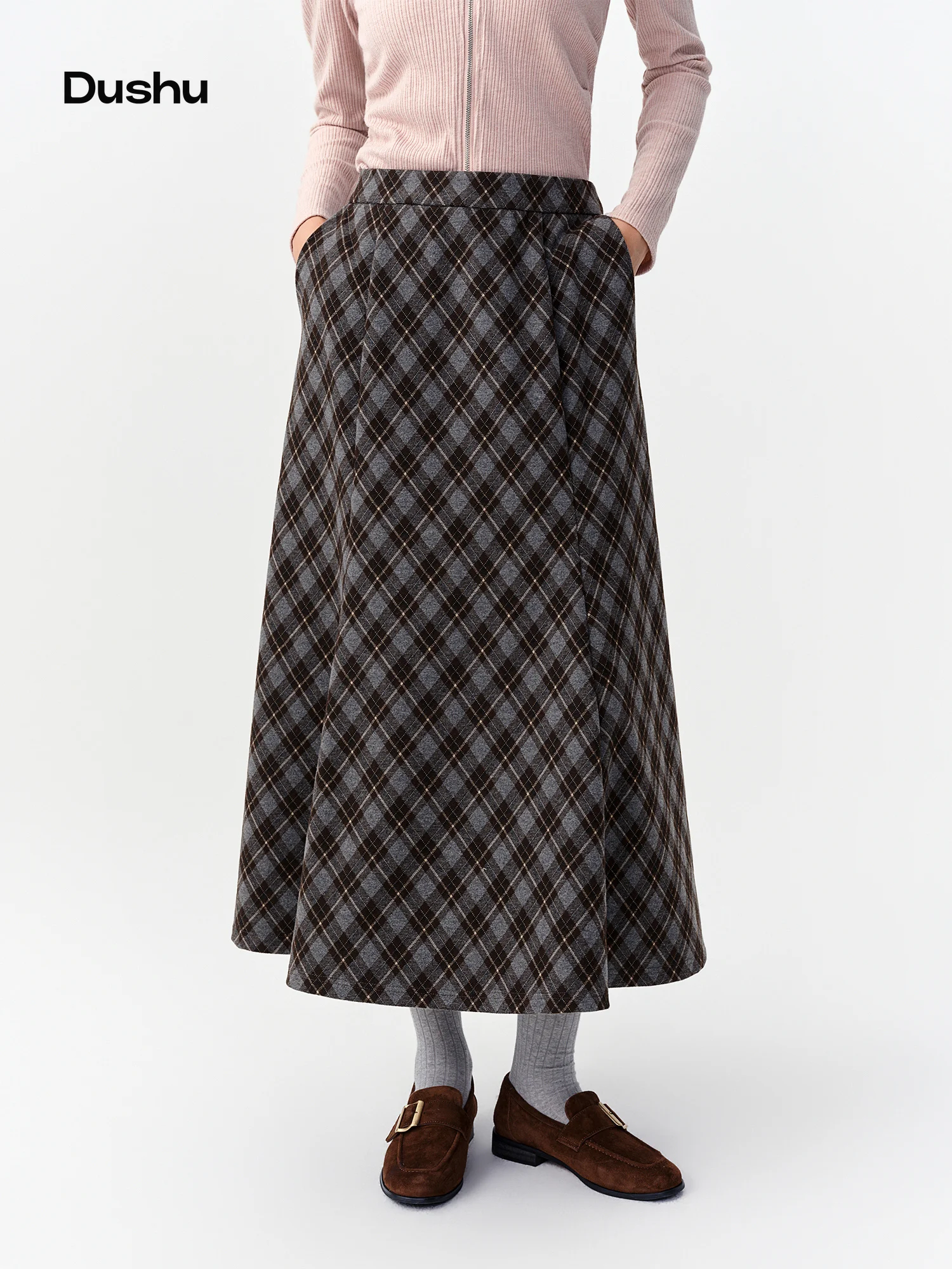 DUSHU Vintage Plaid Mermaid Skirt Women High Waist A-line Flared Midi Skirt Office Casual Long Skirt Preppy Style Age-reducing