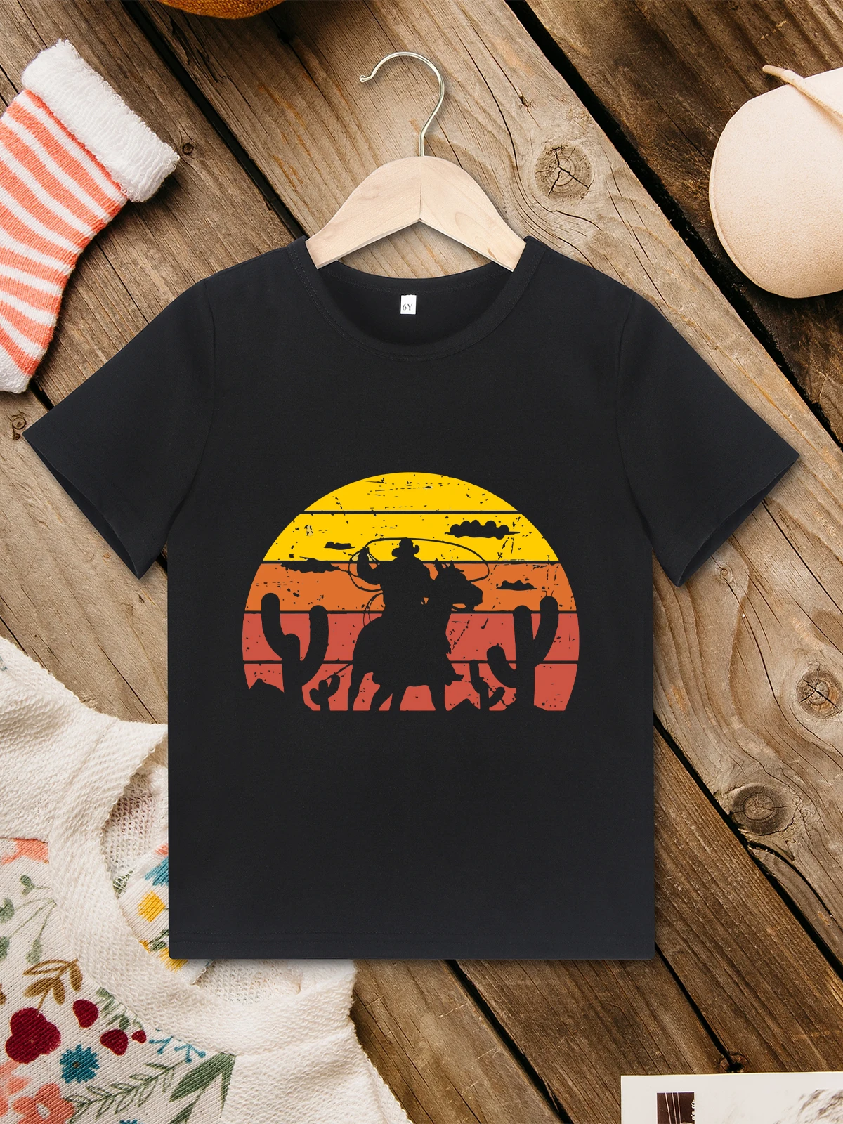 American Western Cowboy Print Children\'s Clothes Black Boys Shirt Hipster Cool Summer Pop Streetwear Casual Kids T-shirts