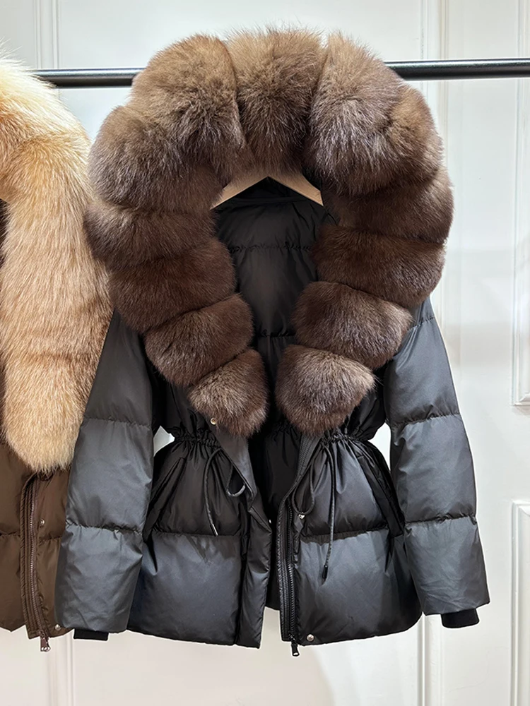 2026 New Winter Real Natural Fox Fur Collar Thick Wam Puffer Jacket Women Hooded Belt Slim White Duck Down Coat Waterproof Parka