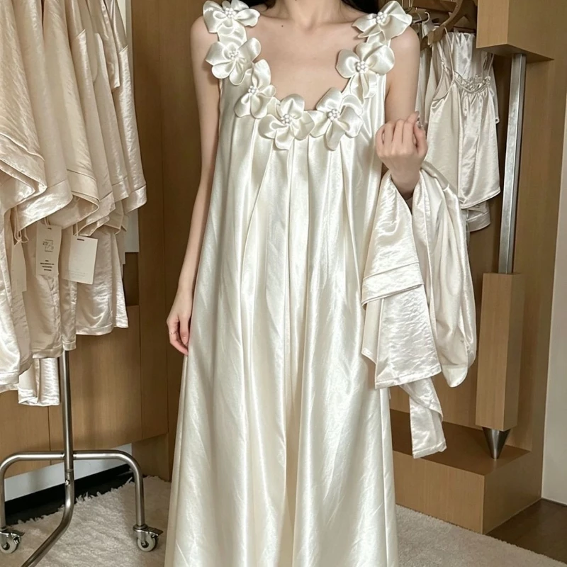 

Acetate Satin Nightgown for Women 2026 Summer Fashionable Sweet Floral High-end Long Sleepwear That Can Be Worn As Outerwear