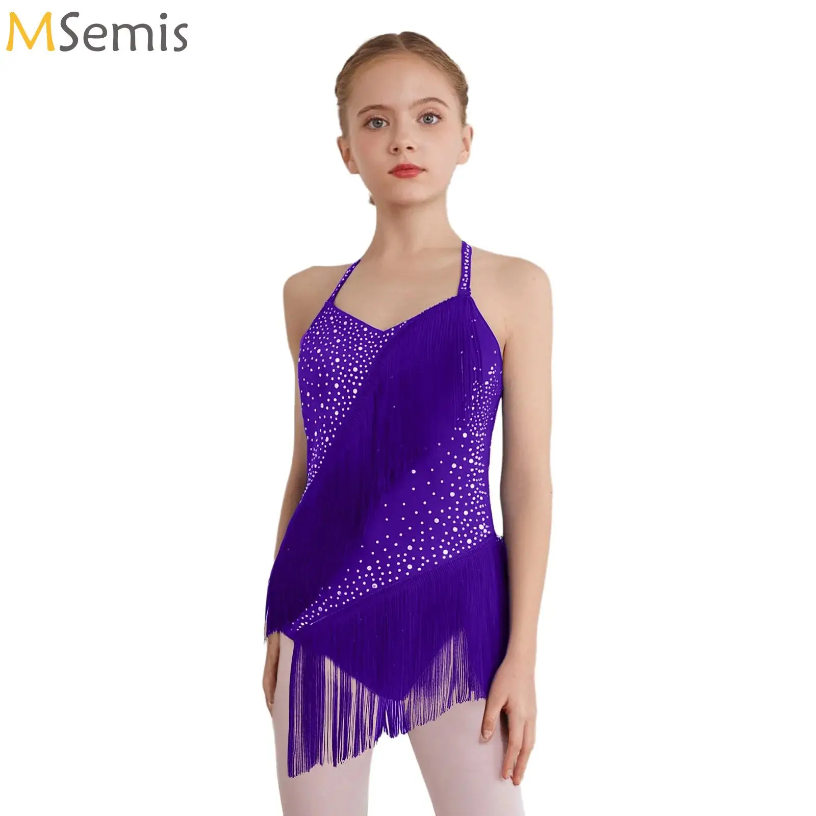 

Sleeveless Latin Tango Dance Dress for Kids Girls Shiny Rhinestones Tassels Leotard Rhythmic Gymnastic Figure Skating Dress