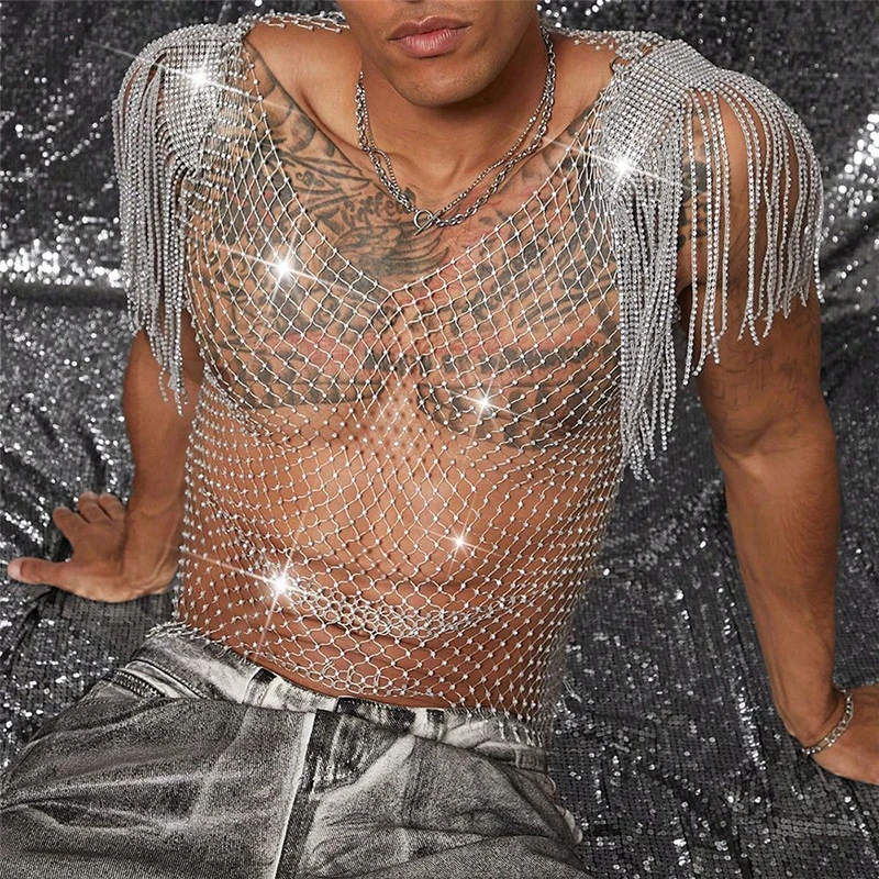 

Men Sexy Fishnet Silver Sequin Rhinestone Shirt Hollow Out Mesh Tassel Cover Up Sparkle Party Nightclub Crop Tops Rave Outfit