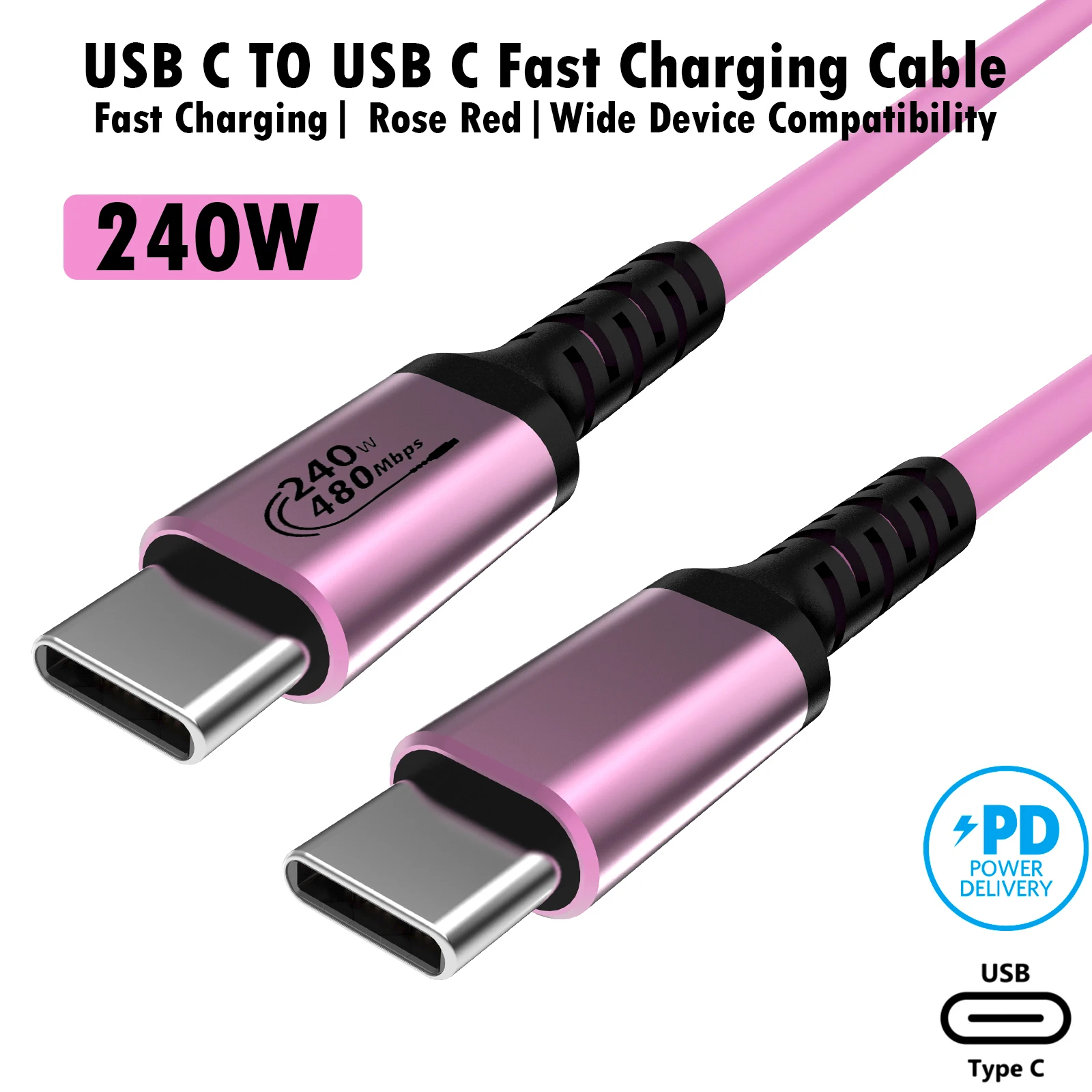 Rose Gold USB-C to USB-C Fast Charge Cable, Durable TPE, 140W, 100W, 60W, Compatible for iPhone 16,MacBook, Galaxy S24, 240W, PD