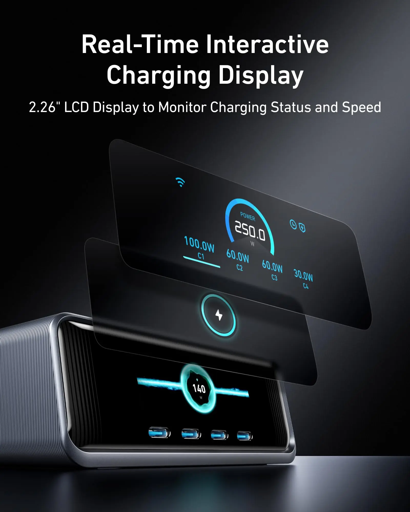 Anker Prime Ladegerät, 250 W GaN Prime USB C Ladestation, ultraschnelles 6-Port, 2,26 Zoll LCD-Display und Smart Control Dial, A2345