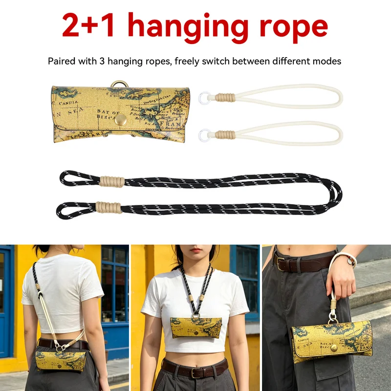 Portable Genuine Leather Eyeglasses Bag with Hanging Rope Snap-fastener Sunglasses Cases Unisex Solid Color Reading Glasses Pack