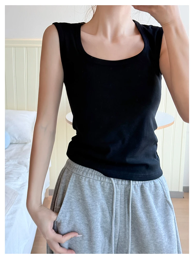Solides ärmelloses Tanktop für Damen, Sommer-Basic-Top mit dehnbarem, quadratischem Ausschnitt, sexy schulterfreies Top – Detail 4