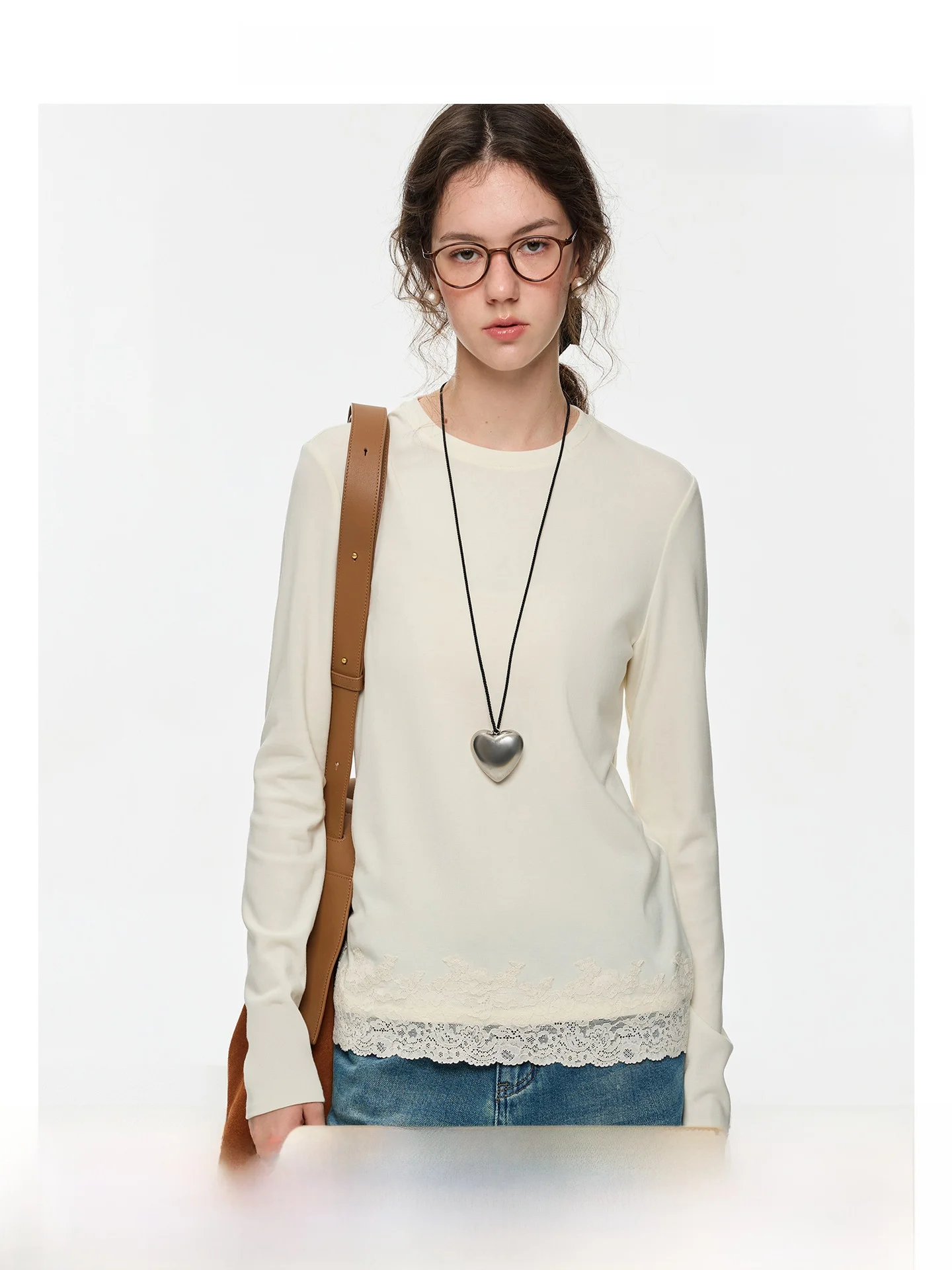 

Lace Splicing Hollow out Long Sve T-irt Women's Commute Casual Sle Autumn Winter Thiened Breathable Pure Color