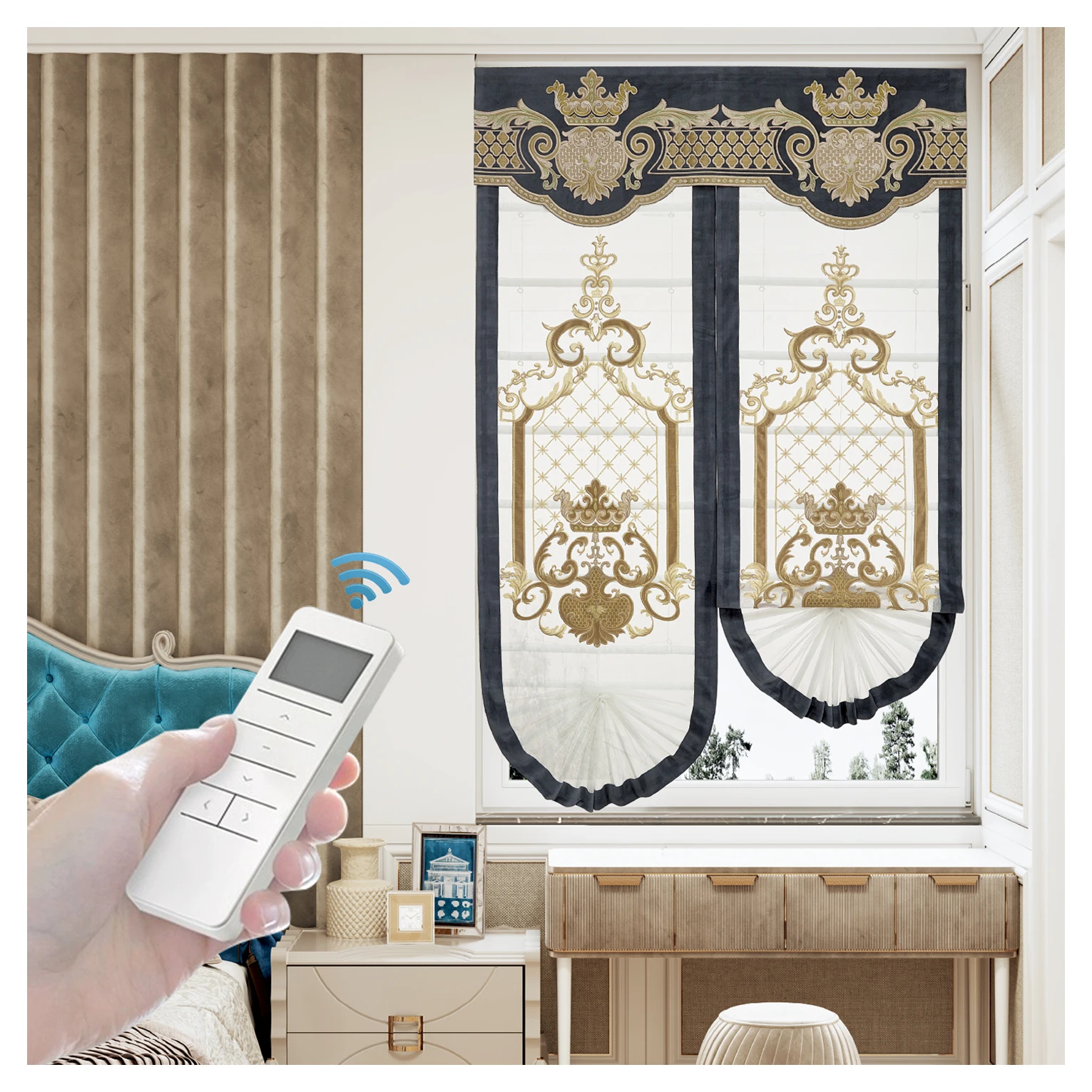 

New Style Luxury Customized Blackout Electric Motor Cordless Remote Roman Blinds Roman Shades Roller Curtain