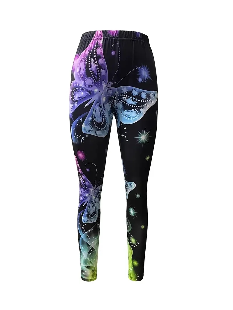 Butterfly print slim-fit elastic waist leggings for women traveling everyday wear