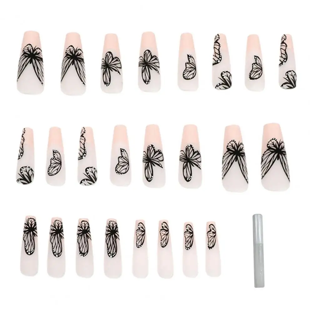 Plastic Fake Nails Fluttering Beauty 24pcs Long Black Butterfly Print Press-on Nails with Glue for Women Girls Full for Salon