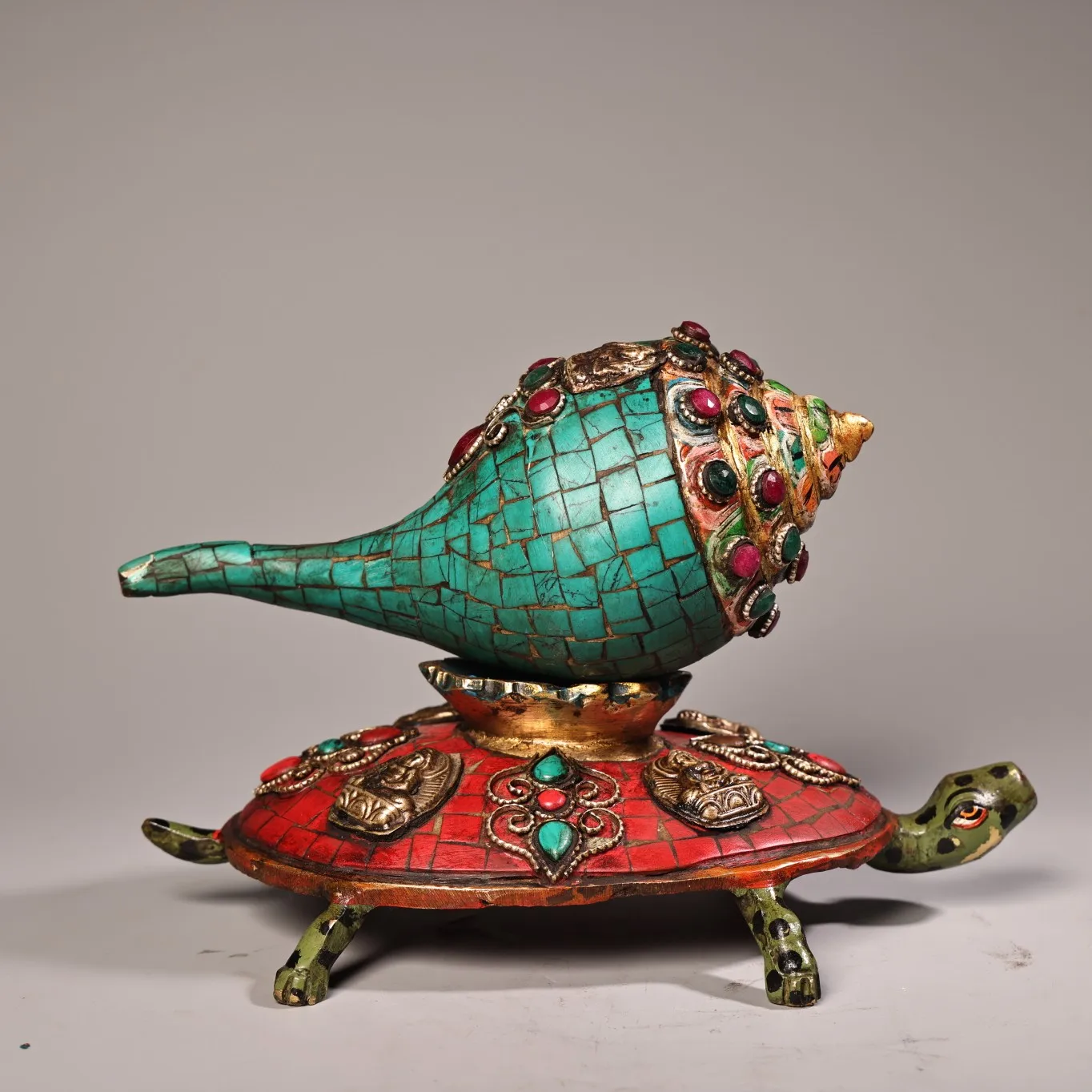 

8"Tibetan Temple Collection Old Bronze Painted Outline in gold Mosaic Gem Turquoise Buddha Conch Turtle Statue Amulet Dharam