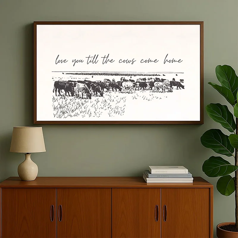 Retro Rustic Sketch Poster Prints Painting Pastoral Scene Featuring A Herd of Cattle Wall Art Home Décor for Bedroom Living Room