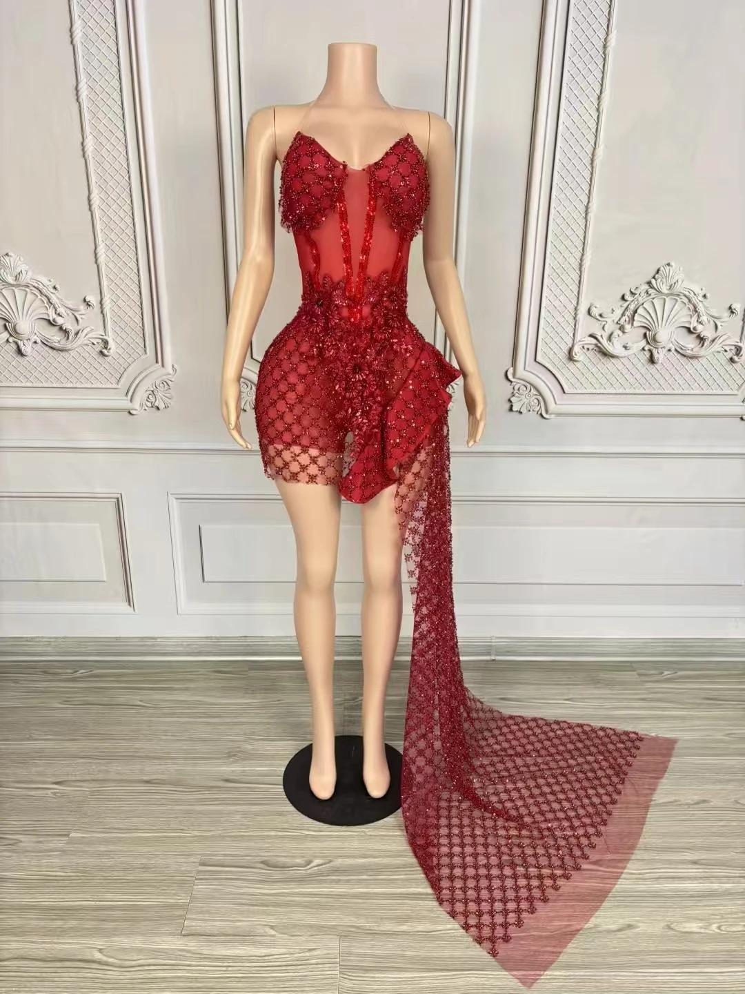 

Sequin Gauze Mesh Tight Fitting Shorts LongTail Bodysuit Concert Stage Performance Wear SexyDance gig Party Qutfit D207
