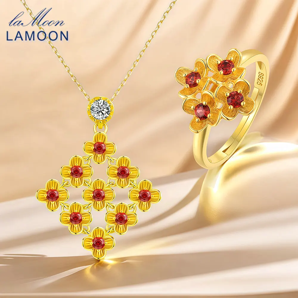 

Red Garnet Jewelry Sets For Women Luxury 925 Sterling Silver Flower Gold Plated Fine Jewelry Wedding Gift V037-1