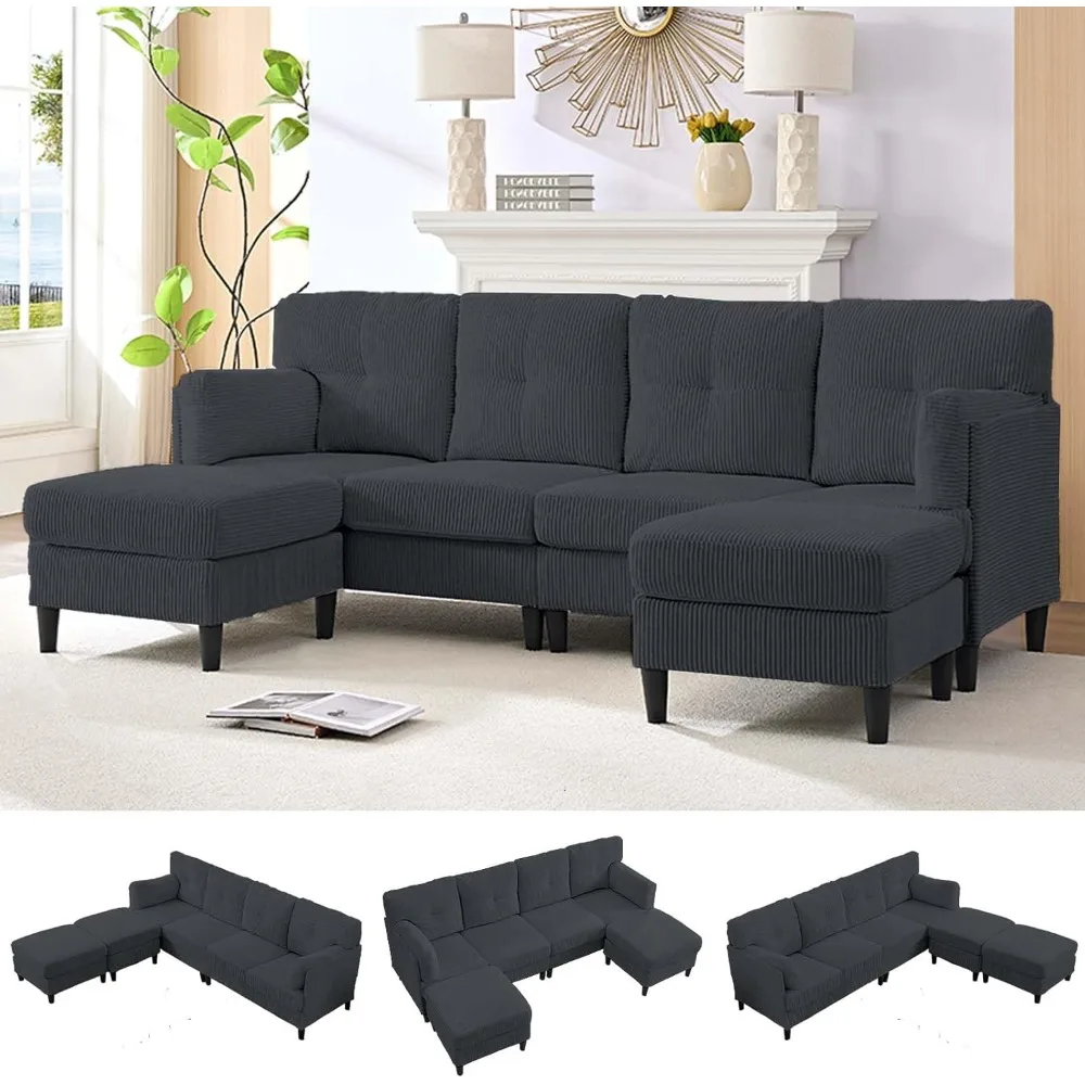 

Modular Sectional Couch with Ottoman, U Shape Sectional Sofa for Living Room, Corduroy Convertrible Sofa with Double Chaises, 6
