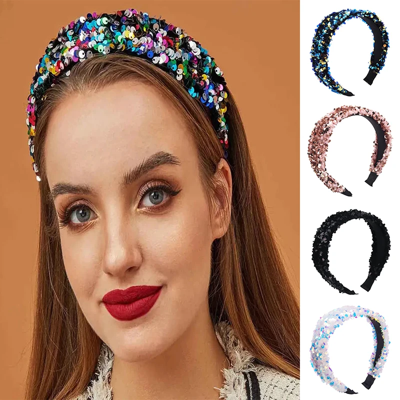 New Fashion Women Sparkling Sequins Hair Hoop Korean Boutique Wide Headband Decoration Adult Accessories Mesh Knotted Hairband