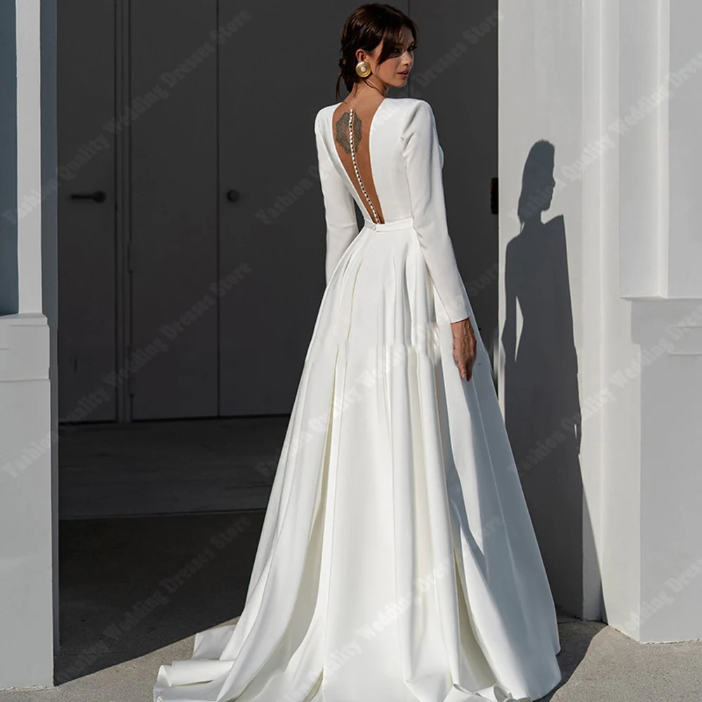 2024 Vintage Satin Women Wedding Dresses Minimalist Backless A-Line Gowns Sexy Deep-V Neck Long Sleeves Ball Vestidos De Novias