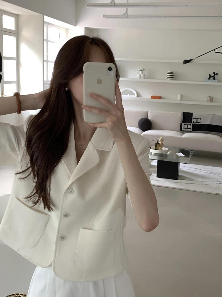 

Ele ort Sve Suit Jaet Women's Summer Thin Flannel Casual Commute Sle Loose Fit Button Detail Pure Color