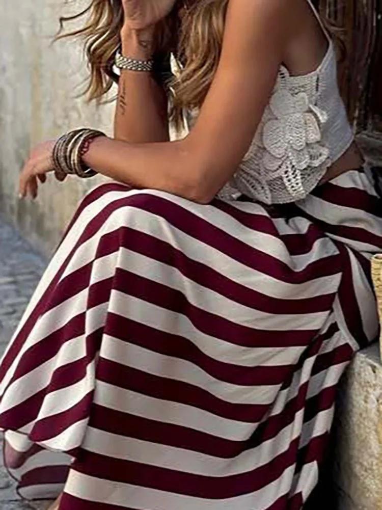 

Весна-лето, свободная полуюбка для поездок на работу, 2024, праздничная юбка с высокой талией для отпуска, повседневная женская длинная юбка в богемную полоску с принтом