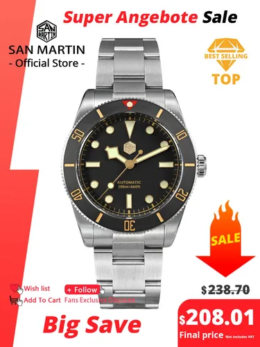 San Martin nuevo reloj de buceo Vintage BB54 de 37mm NH35 relojes de pulsera mecánicos automáticos para hombres zafiro luminoso resistente al agua 200m SN0138
