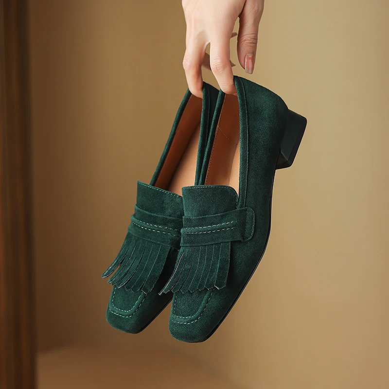 

Handmade Genuine Leather Sheepskin Suede Womens Shoes, Tassel Slip-on Square Toe Women Loafers