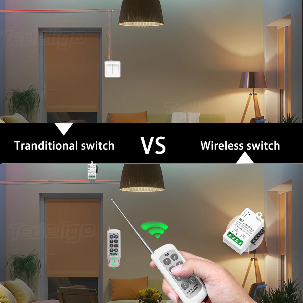 433 Mhz RF Mini Wireless Light Switch with Remote Control 1000M Distance Ac220V Relay Receiver Switch for Home Led Lamp Fan