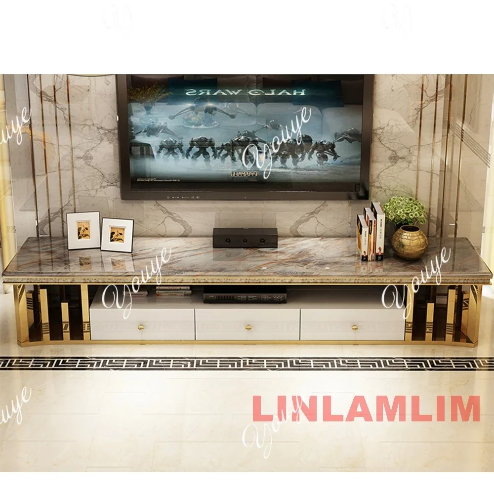 MX Living Room Furniture: Natural Marble Stainless Steel TV Stand Gold TV Table Sticking Seashell Modern Home TV Cabinet
