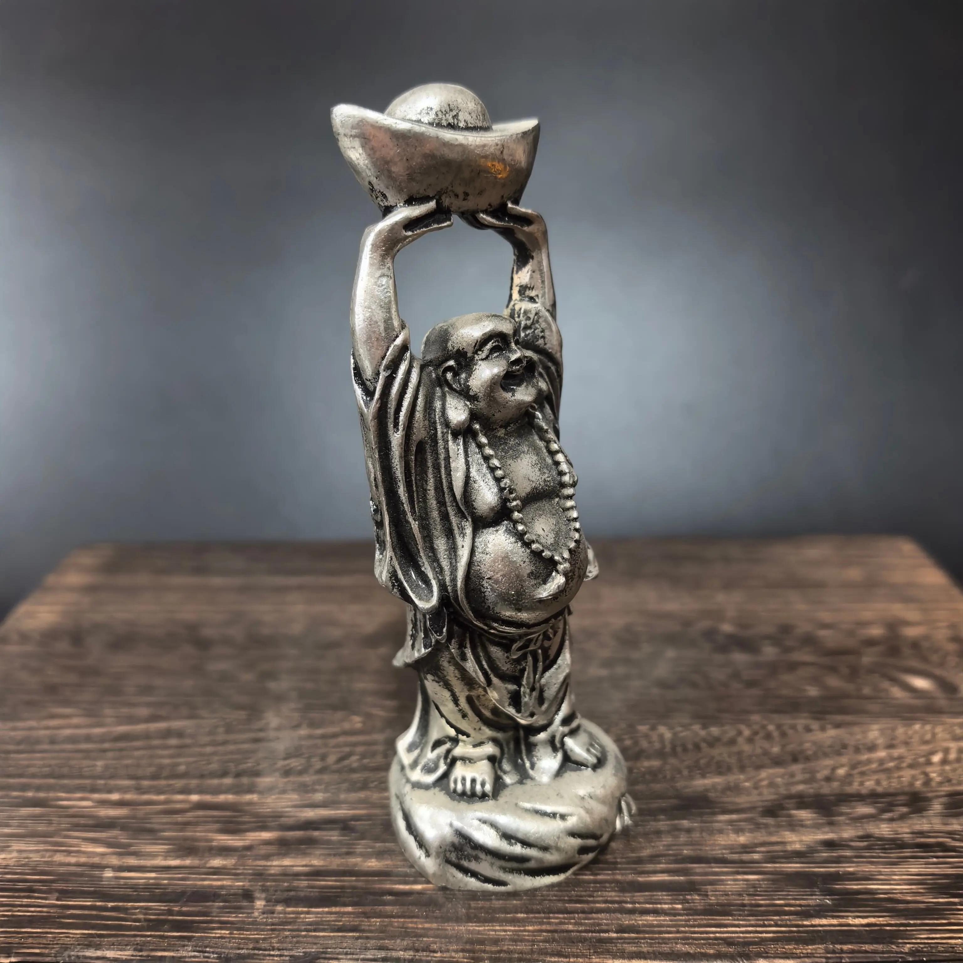 Antique Silver-Plated Flower Sitting Maitreya Alloy Bodhisattva Statue Smiling Buddha Big Belly Home Store Worship