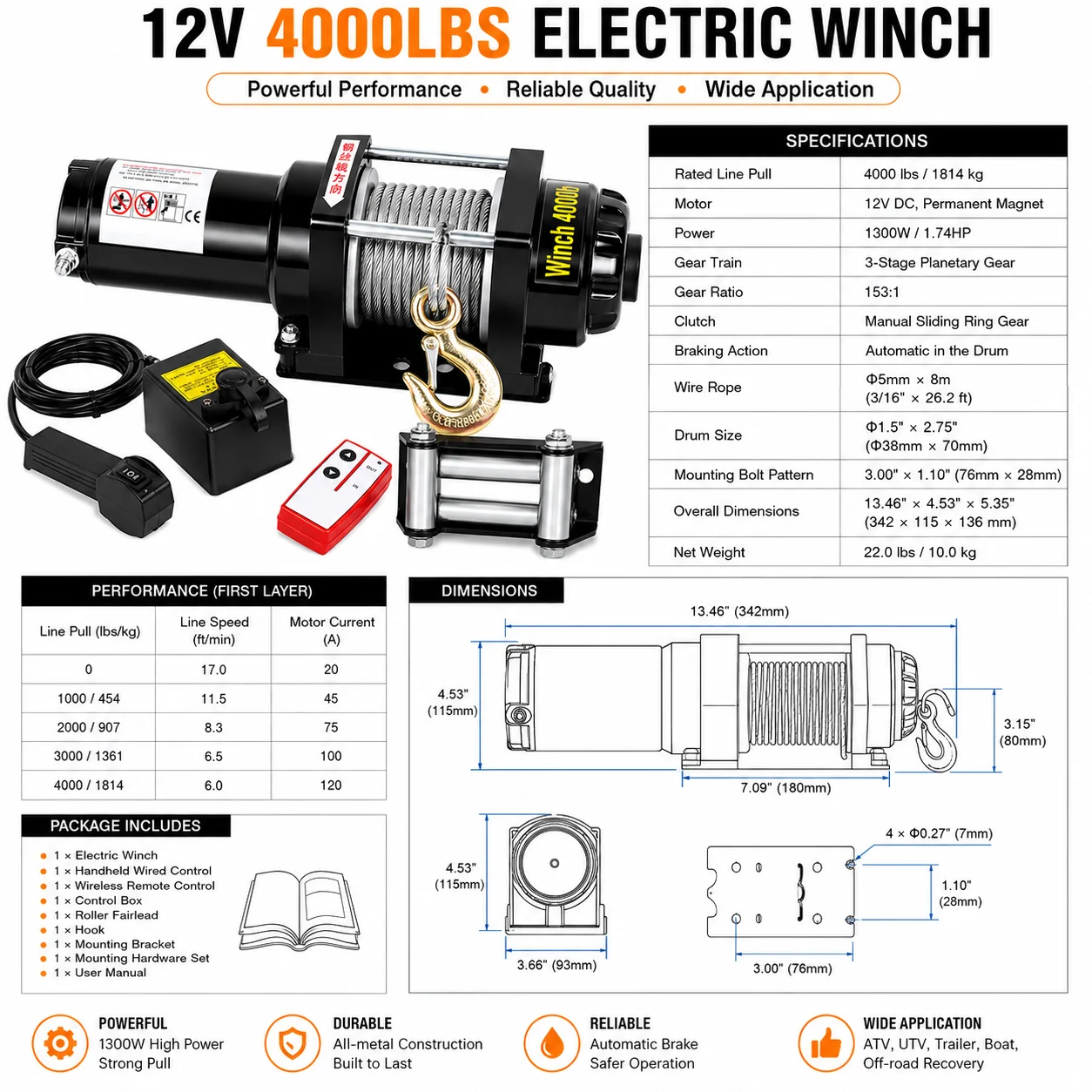 4000lbs 12V 24V Electric Wire Rope Winch Self-locking for Off-Road Vehicles Folding Jib Crane Lifting Recovery Towing Power Tool