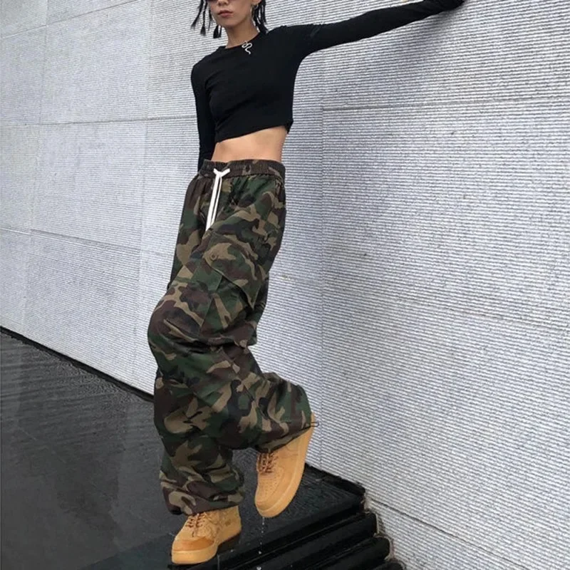 

Pure Cotton Camo Cargo Pants New Women Y2K Vintage Streetwear Joggers Sweatpants Bf Oversized Loose Hip Hsop Wide Leg Trouers