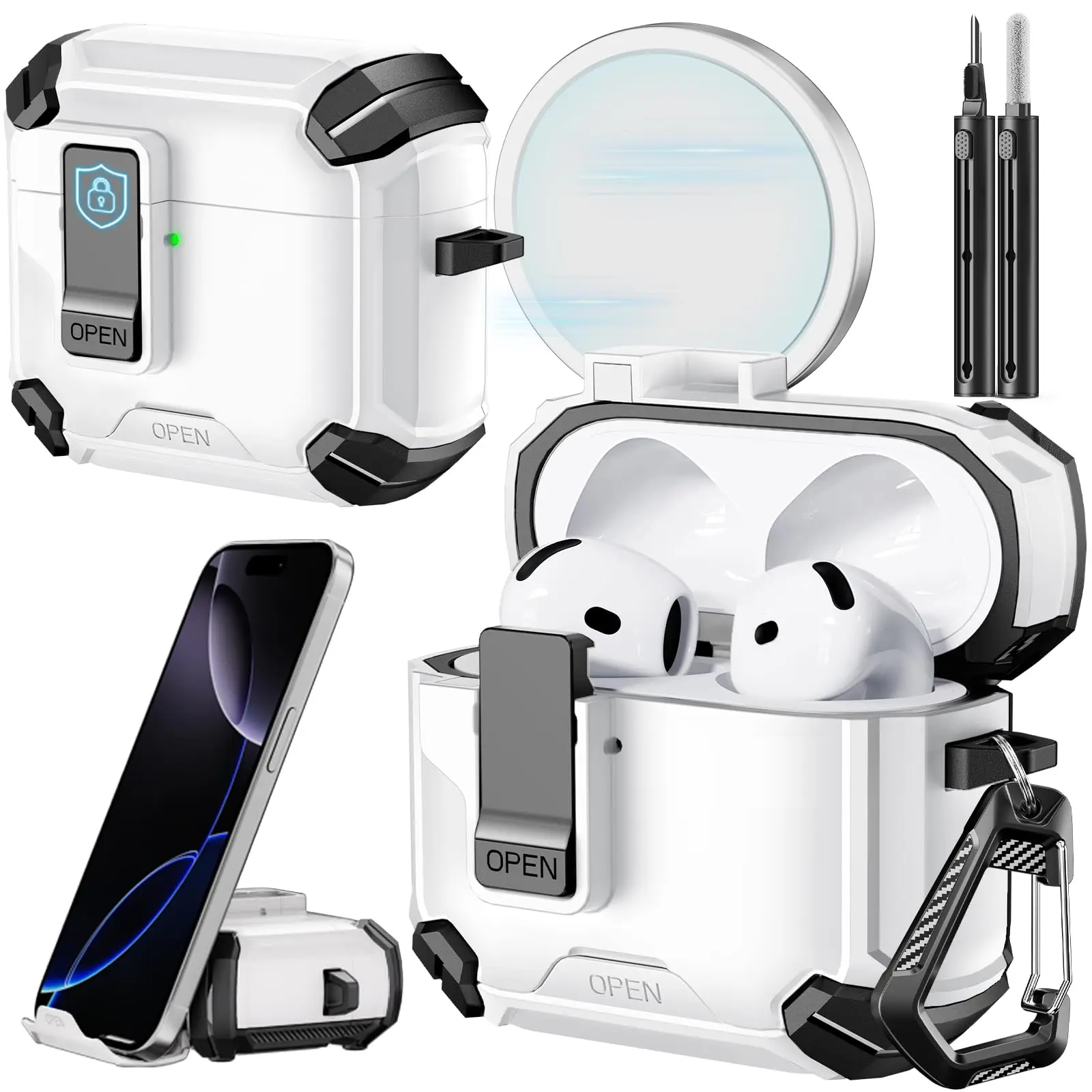 For AirPods 4/Pro 3 Case with Phone Stand & Cleaner Kit Compatible with Magsafe Magnetic Automatic Lock Case for Airpods 4/Pro 2