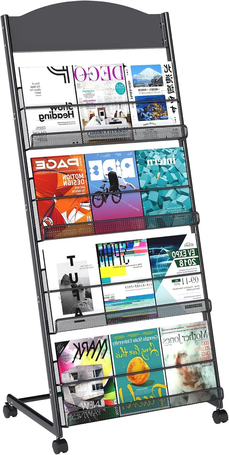 Magazine Rack Floor-Standing 4-Layer, Brochure Display Stand, Detachable Magazine Display with Wheels, High-hardness Met