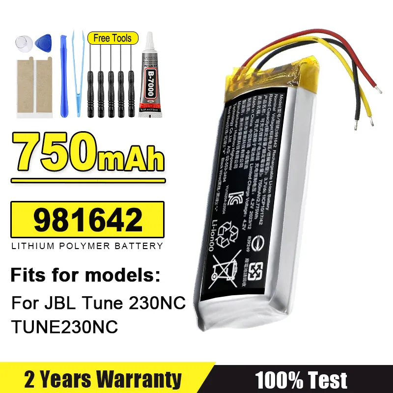 3.7V 981642 750mAh Lithium Battery for JBL Tune 230NC 230 NC TUNE230NC TWS Wireless Bluetooth Earphone Charging Compartment