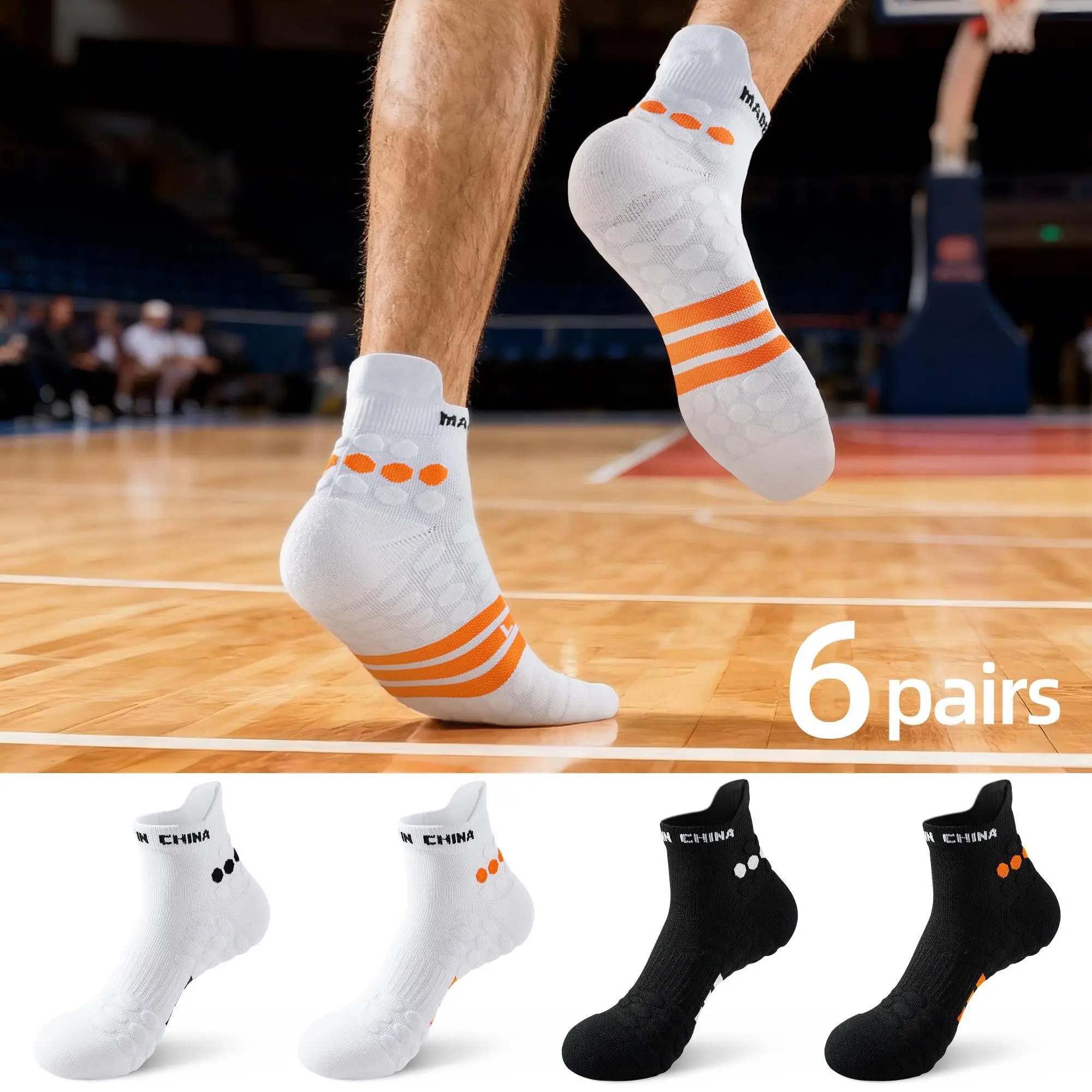 

6 Pairs Men's Athletic Ankle Socks Breathable Cotton Blend Sweat-Wicking Cushioned Terry Sole Sports Short Socks Shock-Absorbing for Running Basketball Soccer Hiking Gym Training Black White Orange Size