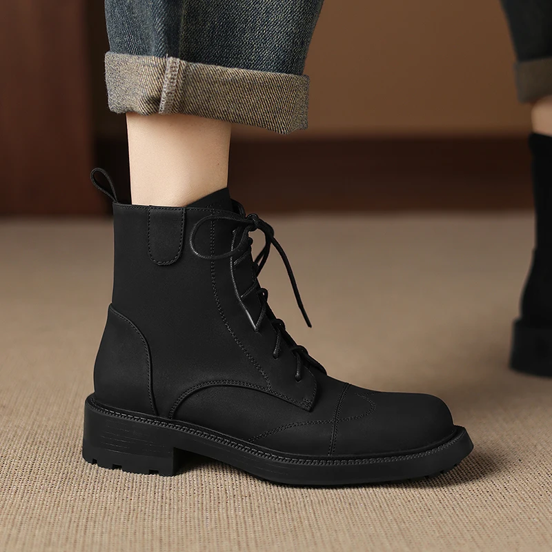 2026 new autumn winter women ankle boots natural leather plus size 22-26cm cowhide lace-up thick heel side zip platform boots