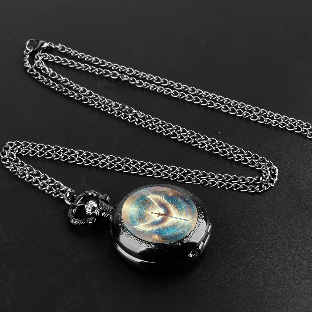 Vidro Dome Quartz Relógio de Bolso, Angel Sword Design, Cadeia Durável, Numeral Árabe Dial, Presentes Extraordinários para Homens e Crianças