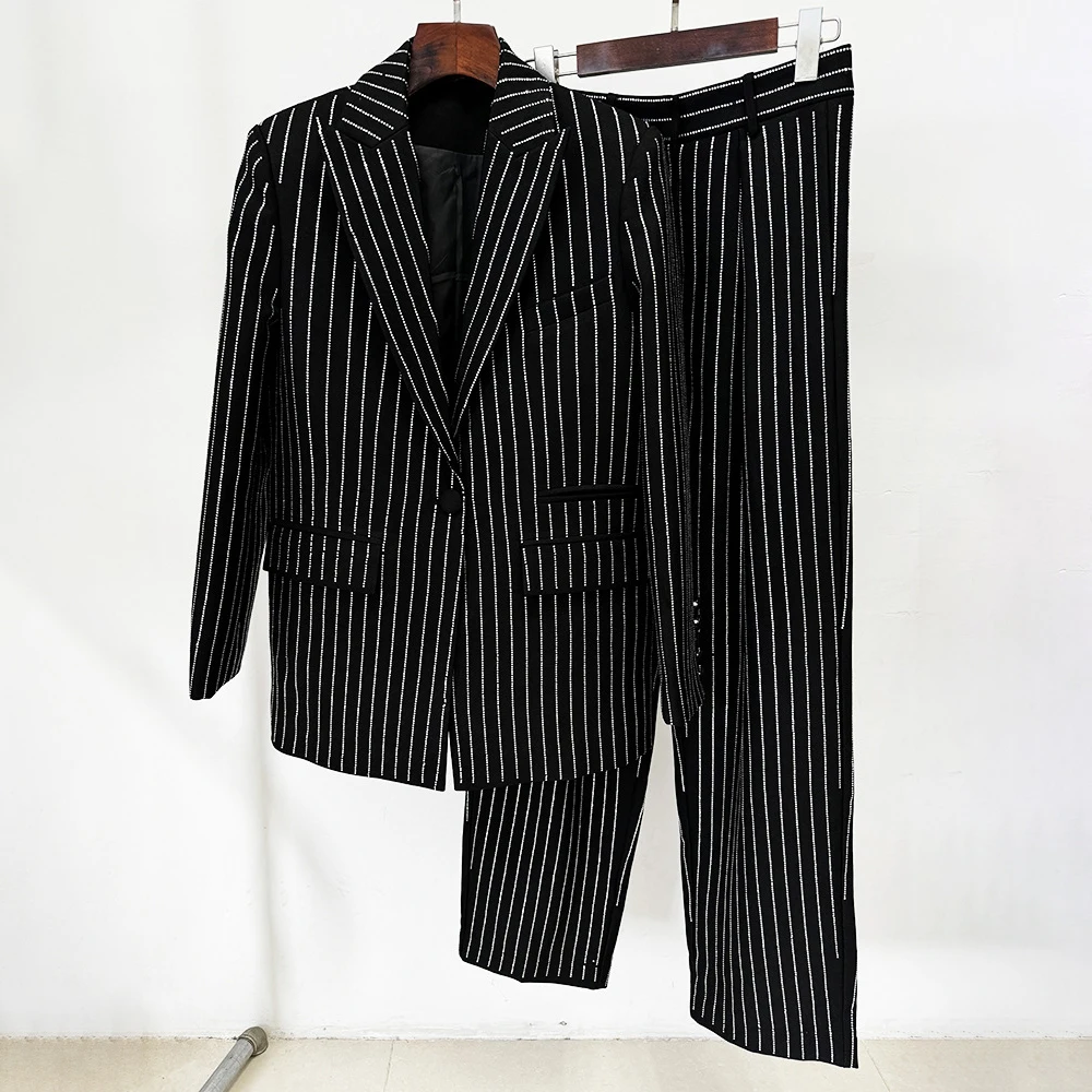 TWOTWINSTYLE Striped Elegant Two Piece Set For Women Notched Collar Blazer High Waist Wide Leg Pant Loose Sets Female Fashion