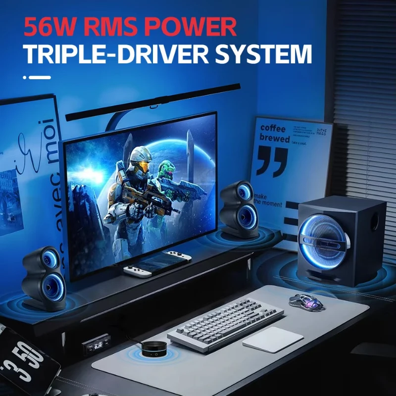 Gaming speaker system with RGB lights and subwoofer for computer multimedia