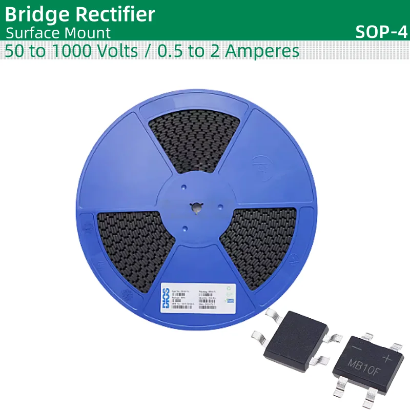 50pcs/lot Bridge Rectifier SOP-4 package MB05F MB1F MB2F MB4F MB6F MB8F MB10F MB24F MB26F 50 to 1000 Volts / 0.5 to 2 Amperes