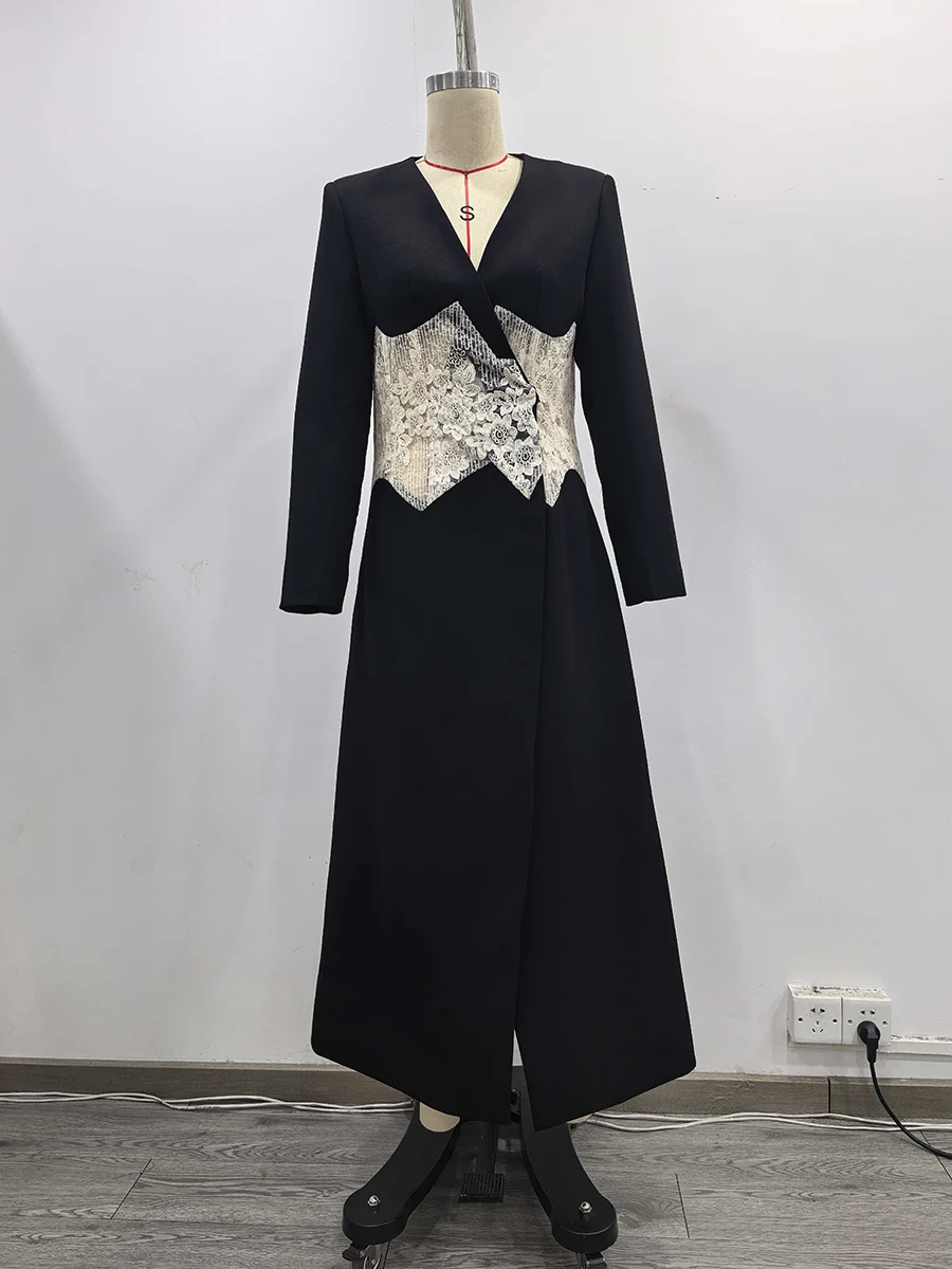 TWOTWINSTYLE, Blazers elegantes con bordado empalmado transparente adelgazante de Color intenso para mujer, Túnica de manga larga con cuello en V, Chaqueta larga para mujer