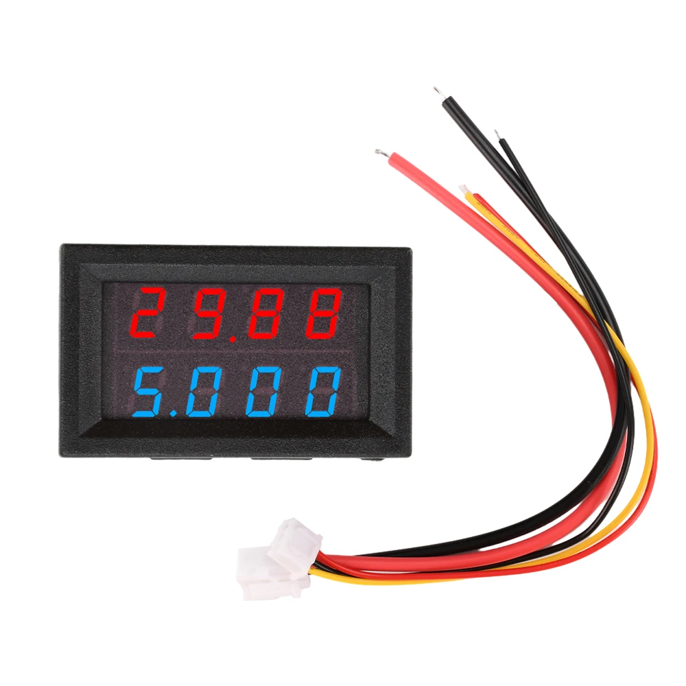 DC0-100V 10A Mini Digital Voltmeter Ammeter 4 Bit 5 Wires Voltage Current Meter Tester Blue Red Dual LED Display White Black