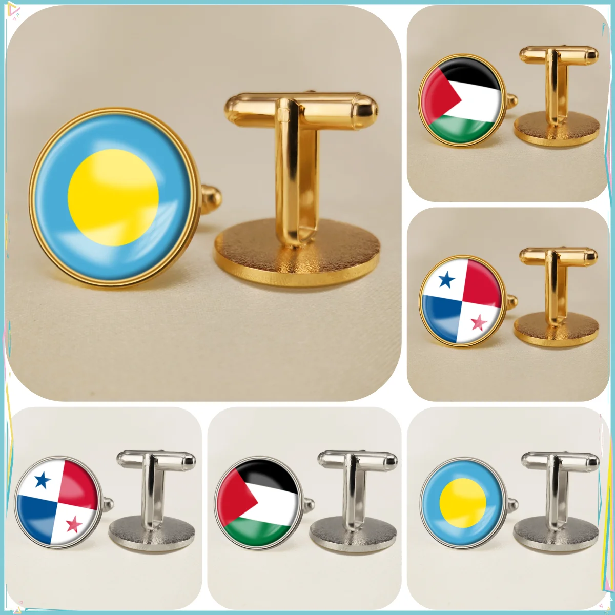 Palau Palestine Panama National Emblem Flag Cufflinks